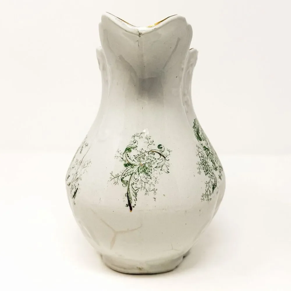 Antique Wick China Co Aurora Ironstone Pitcher Green Transferware Floral Gilt